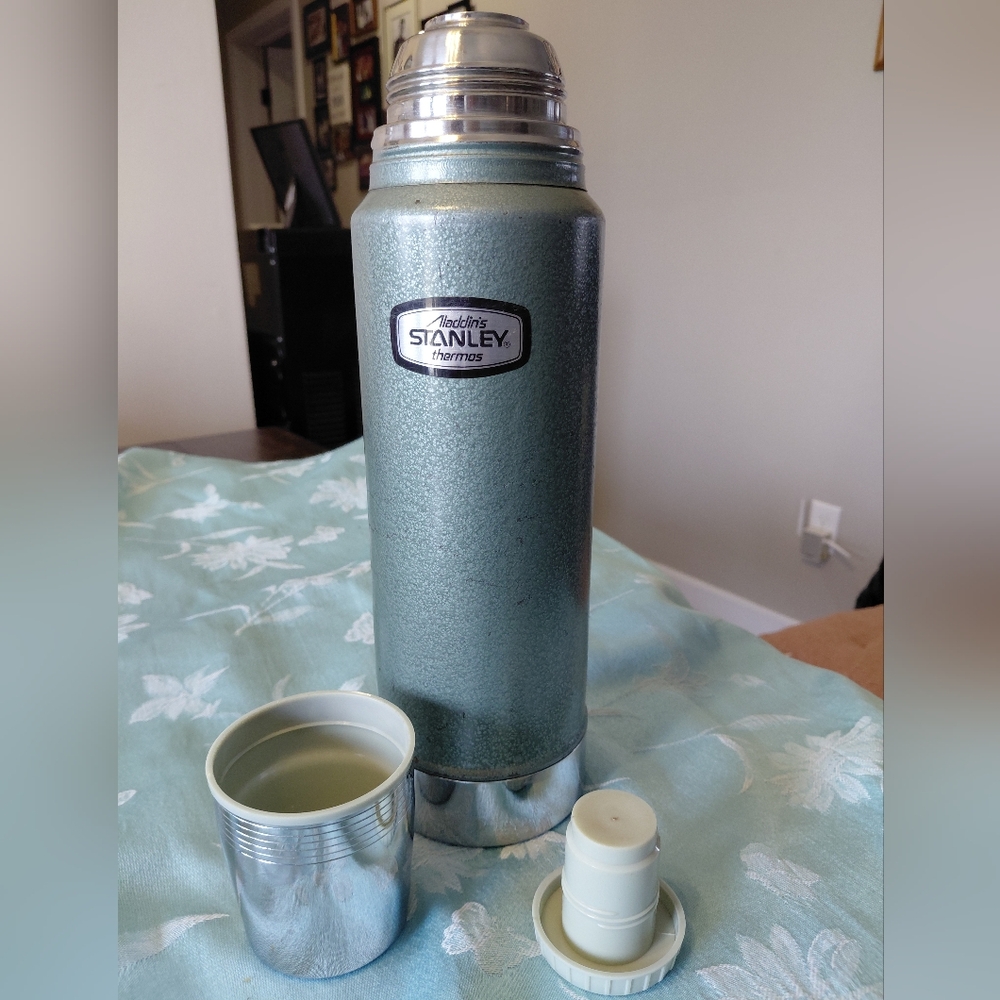 Vintage Stanley Metallic Green Thermos W/ Brown Carrying Case
